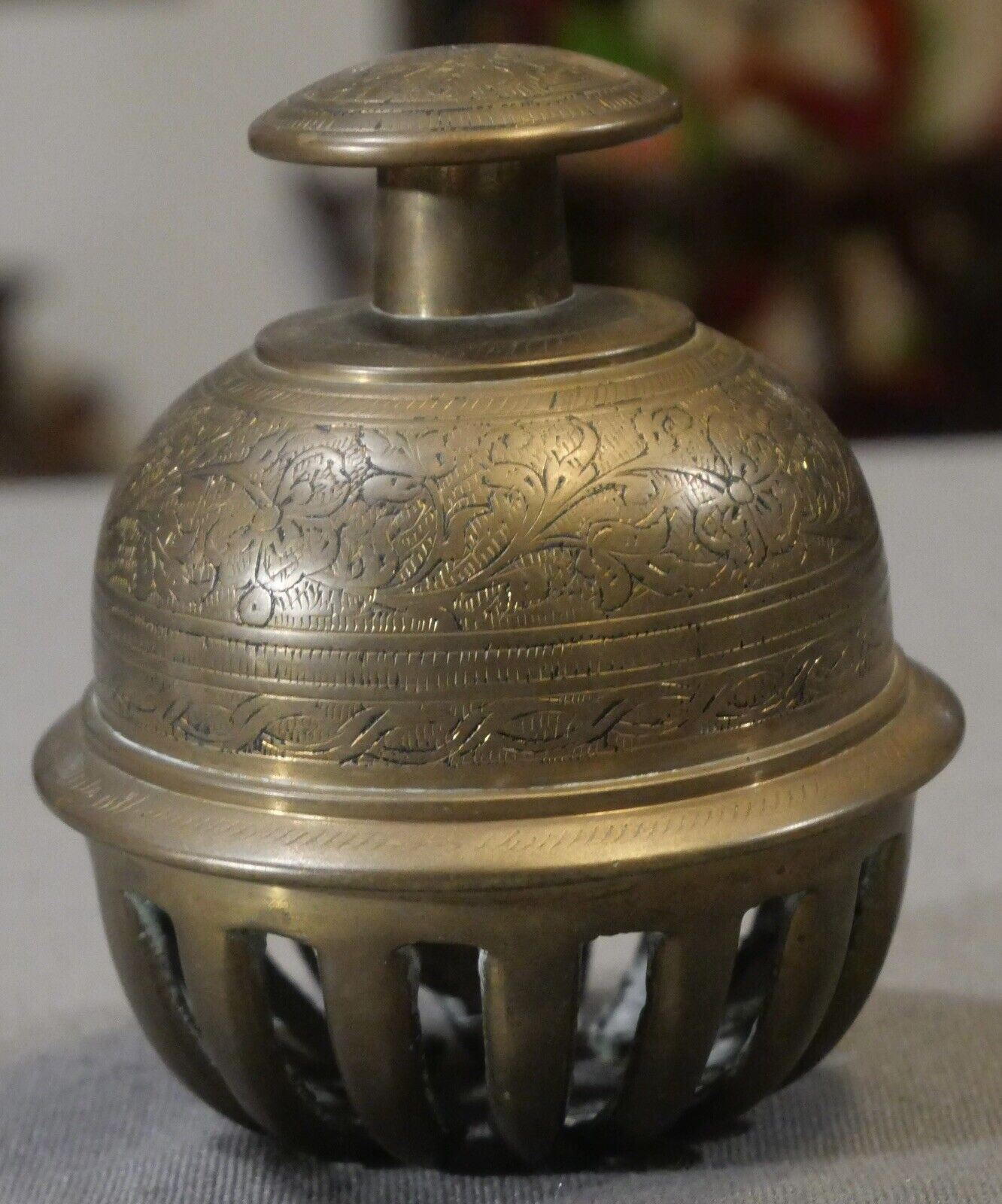 Circa 1920 Indian Hindu Engraved Brass Floral/Leaf Motifs Temple Claw Bell