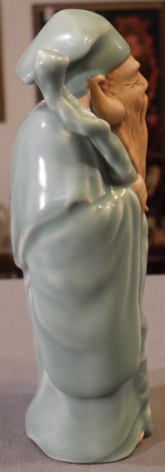 Circa 1970 Japanese Taoist Celadon Glazed Biscuit Porcelain Jurojin Figurine