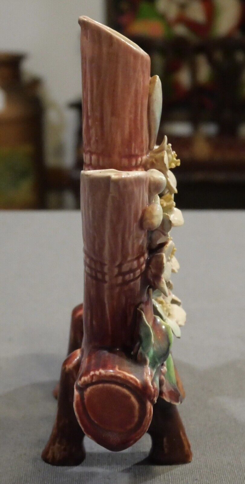 Late 19th Century Continental Majolica Log Form/Applied Flowers Finger Vase