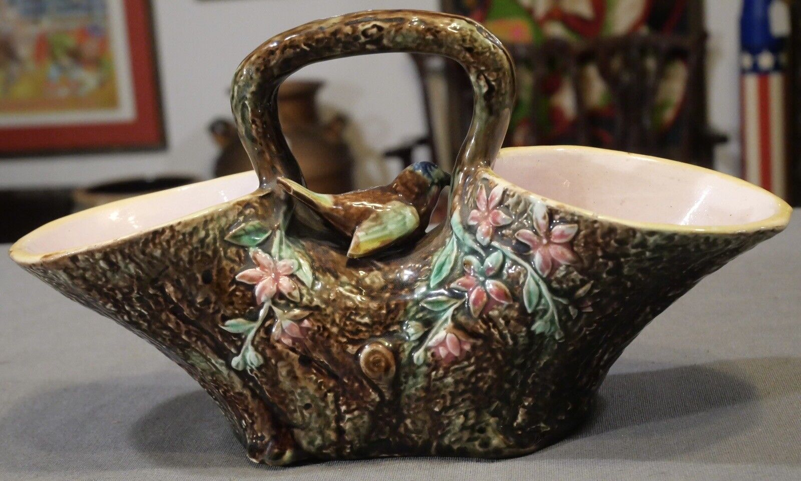 Circa 1890 Continental Majolica Bird on Tree Trunk Form Basket Planter