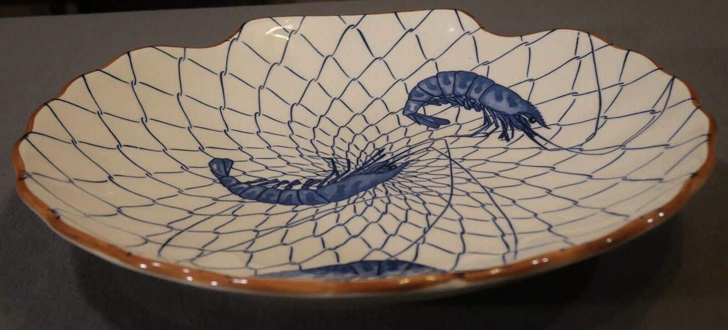 Vintage 1980's Japanese Asahi Porcelain Prawn Motifs Scalloped Edge Shell Form Platter