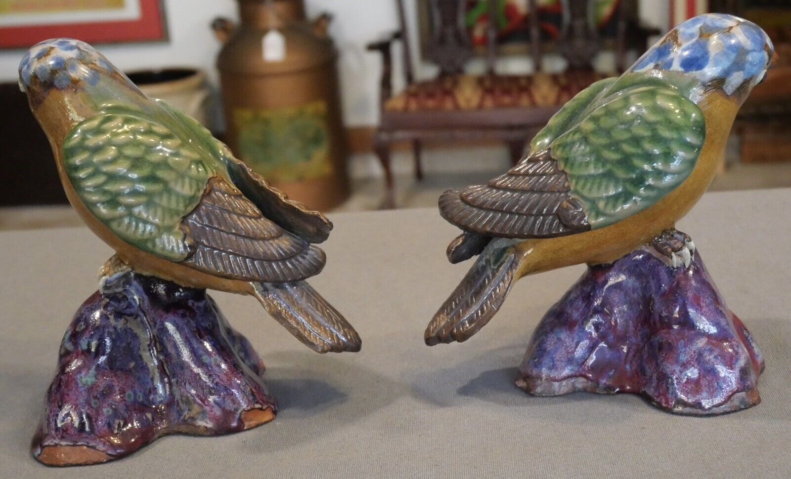 Pair of Vintage Circa 1970 Chinese Shiwan Guangdong Pottery Bird Figurines