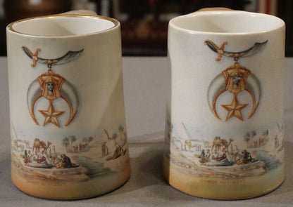 Pair of 1907 P.F. & Co. New York Transferware Porcelain Masonic Shriners Mugs