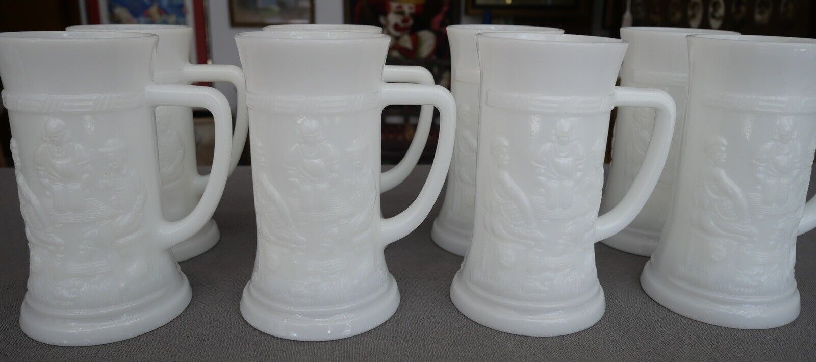 Set of 8 Vintage 1960's American Federal Milk Glass Bavarian Tavern Scene Motif Steins