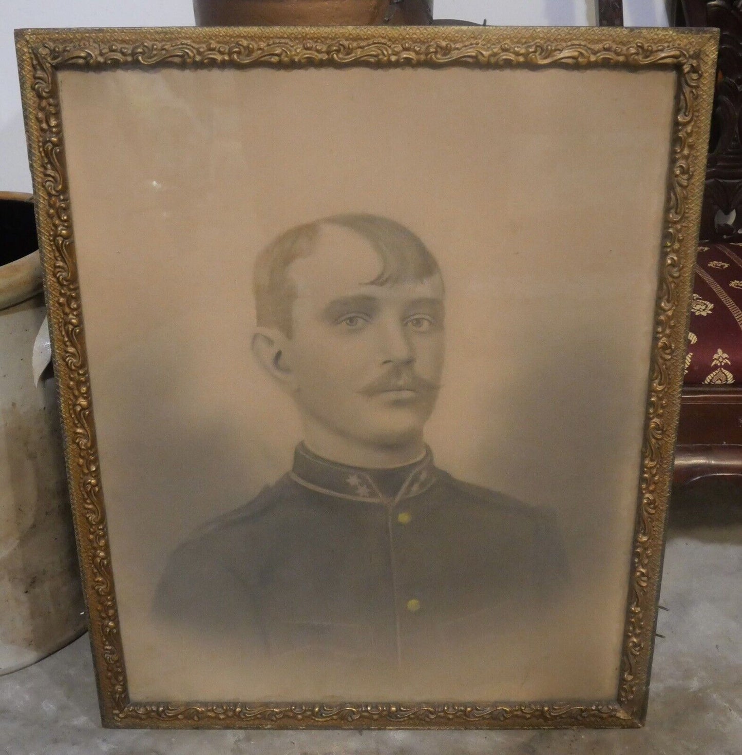 Circa 1900 Austrian Victorian Male Soldier Framed Charcoal Portrait Drawing