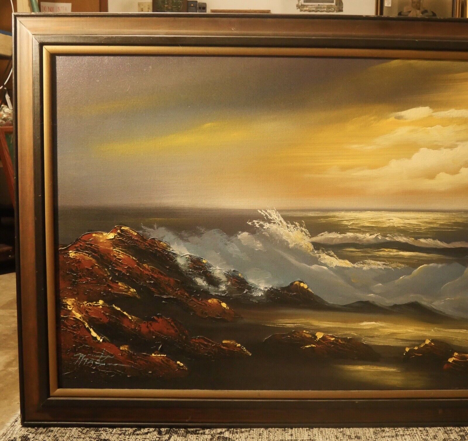 Vintage Circa 1970 Oceanside Beach Landscape Framed Oil Painting Signed Thatz