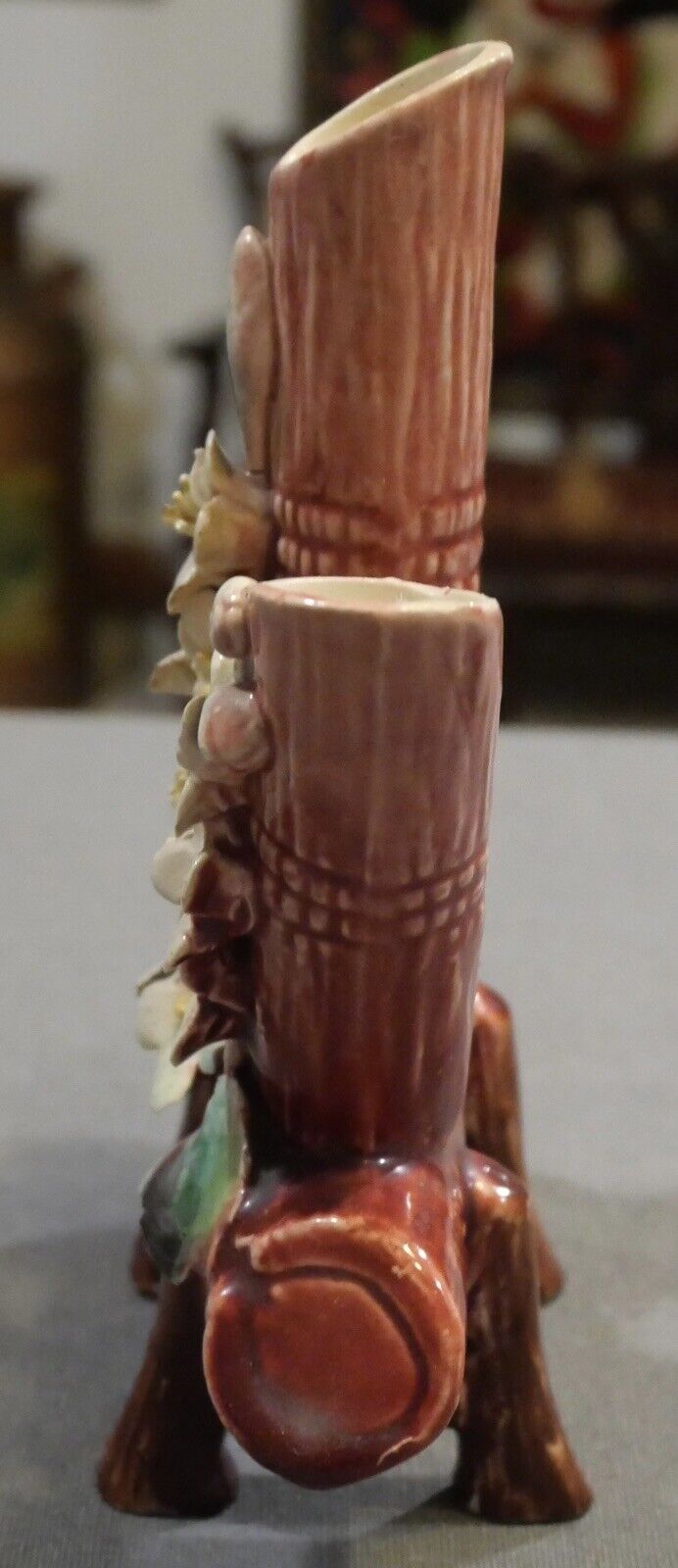 Late 19th Century Continental Majolica Log Form/Applied Flowers Finger Vase