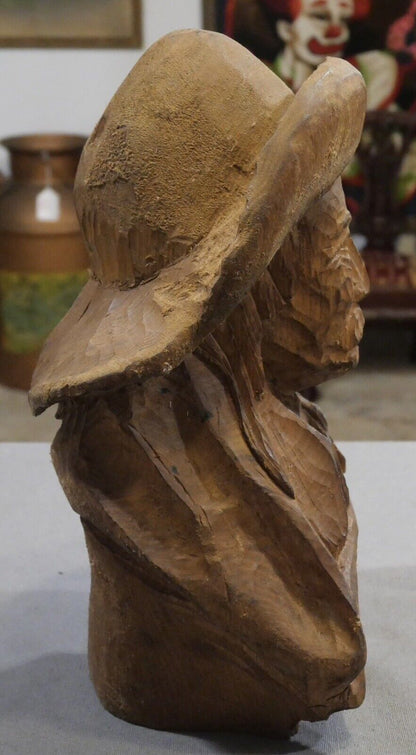 Vintage American Wild Bill Hickock Folk Art Wooden Bust Carving (20th Century)