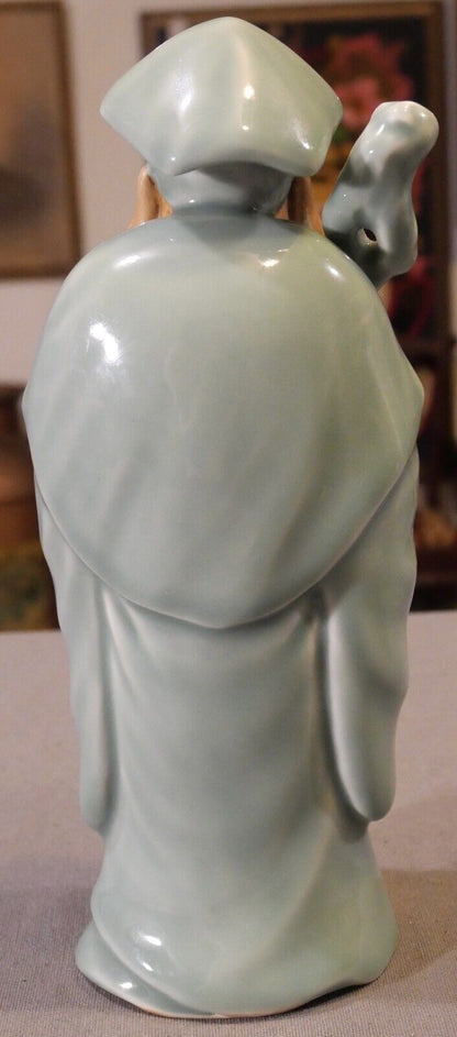 Circa 1970 Japanese Taoist Celadon Glazed Biscuit Porcelain Jurojin Figurine